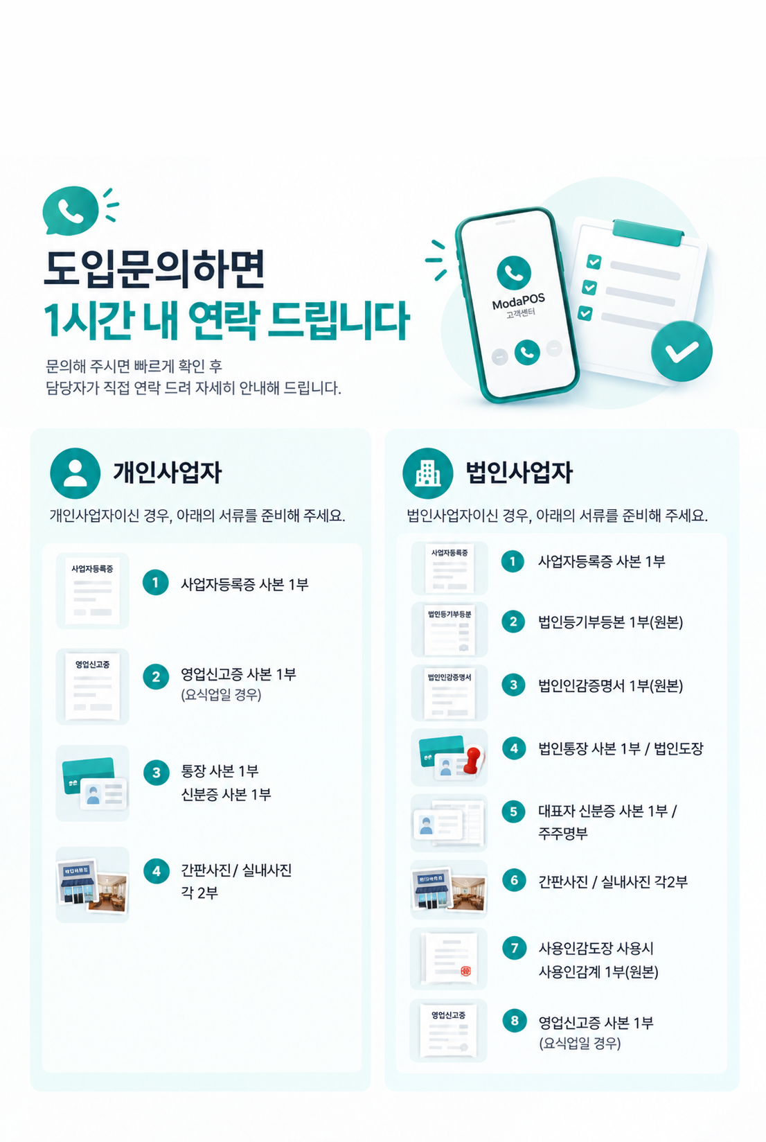 신청부터 설치까지,
이렇게 진행돼요. 1. 도입 신청: 홈페이지에서 도입 신청서를 작성해 주세요 (언제든지). 2. 상담·견적 안내: 담당자가 연락드려 매장에 맞는 견적을 안내해 드려요 (신청 후 1시간 이내). 3. 계약: 진행을 결정하시면 계약서를 보내 드려요 (진행 결정 시). 4. 입금·서류 확인: 입금 확인 후 사업자등록증을 받아요 (계약 완료 후). 5. 가맹점 신청·출고: 카드 가맹점을 신청하고 기기를 출고해요 (서류 확인 후). 6. 설치·개통: 기사님 방문 또는 원격으로 설치를 도와드려요 (기기 도착 후). 준비 서류: 사업자등록증
