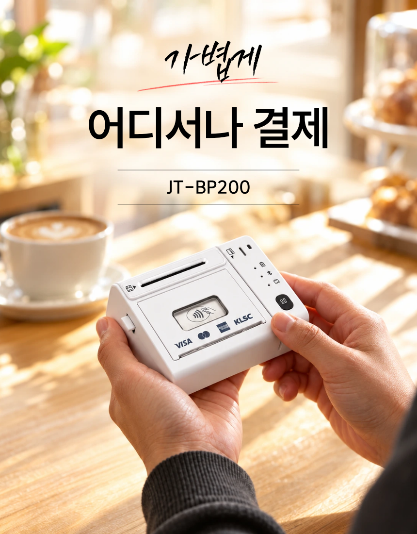 따뜻한 햇살이 드는 카페에서 JT-BP200 무선 단말기를 양손으로 자연스럽게 들고 있는 모습