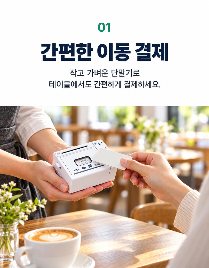 01. 간편한 이동 결제. 작고 가벼운 단말기로 테이블에서도 간편하게 결제하세요. 카페 직원이 작은 JT-BP200 단말기를 들고 손님 테이블에서 비접촉 카드 결제를 받는 모습