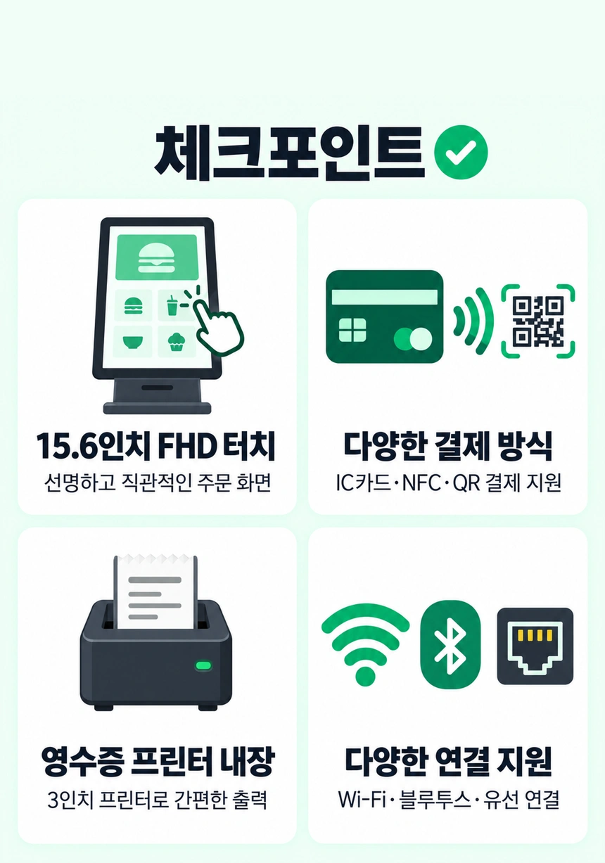 체크포인트. 15.6인치 FHD 터치: 선명하고 직관적인 주문 화면. 다양한 결제 방식: IC카드·NFC·QR 결제 지원. 영수증 프린터 내장: 3인치 프린터로 간편한 출력. 다양한 연결 지원: Wi-Fi·블루투스·유선 연결
