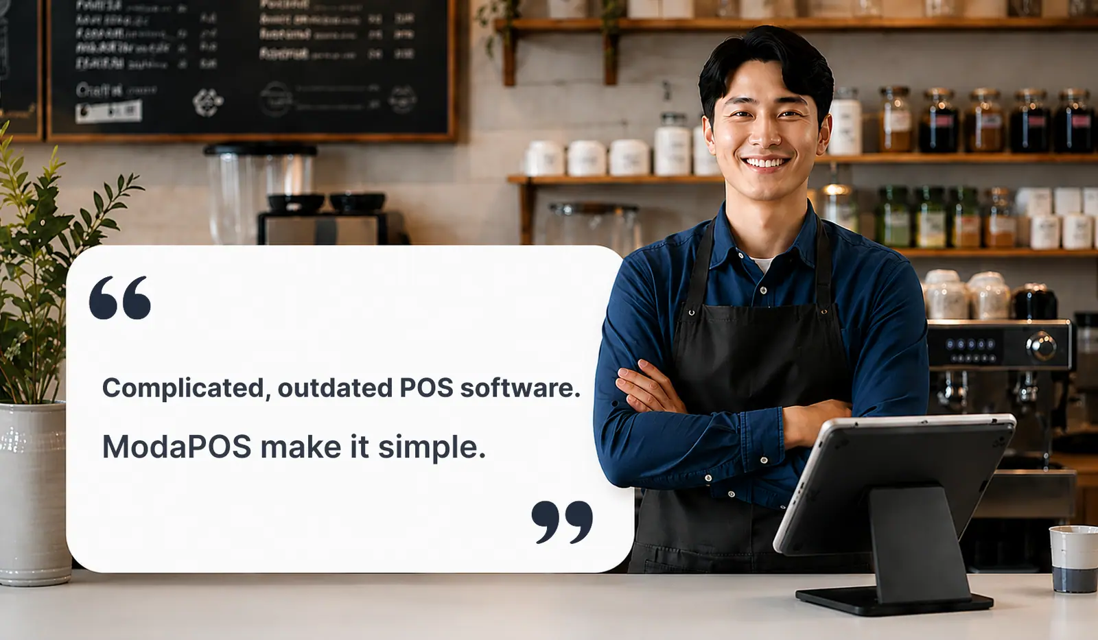 A café owner alongside a message about solving the pain of complex POS software