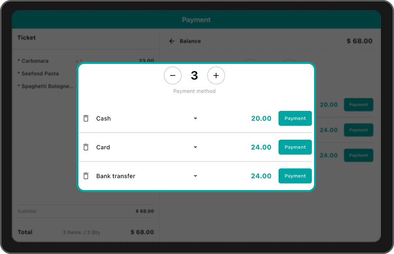 Split payment screen