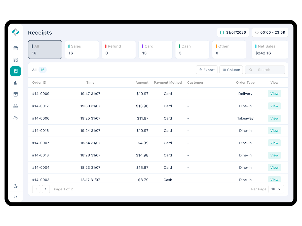 Back Office item management screen with the product list in a table