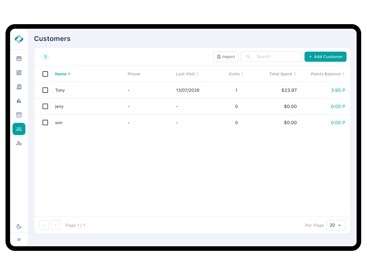 Customer detail dialog showing contact information and point history