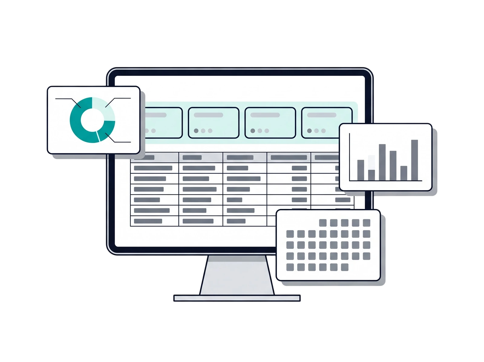 Illustration of a sales report table with floating donut chart, bar chart, and calendar cards