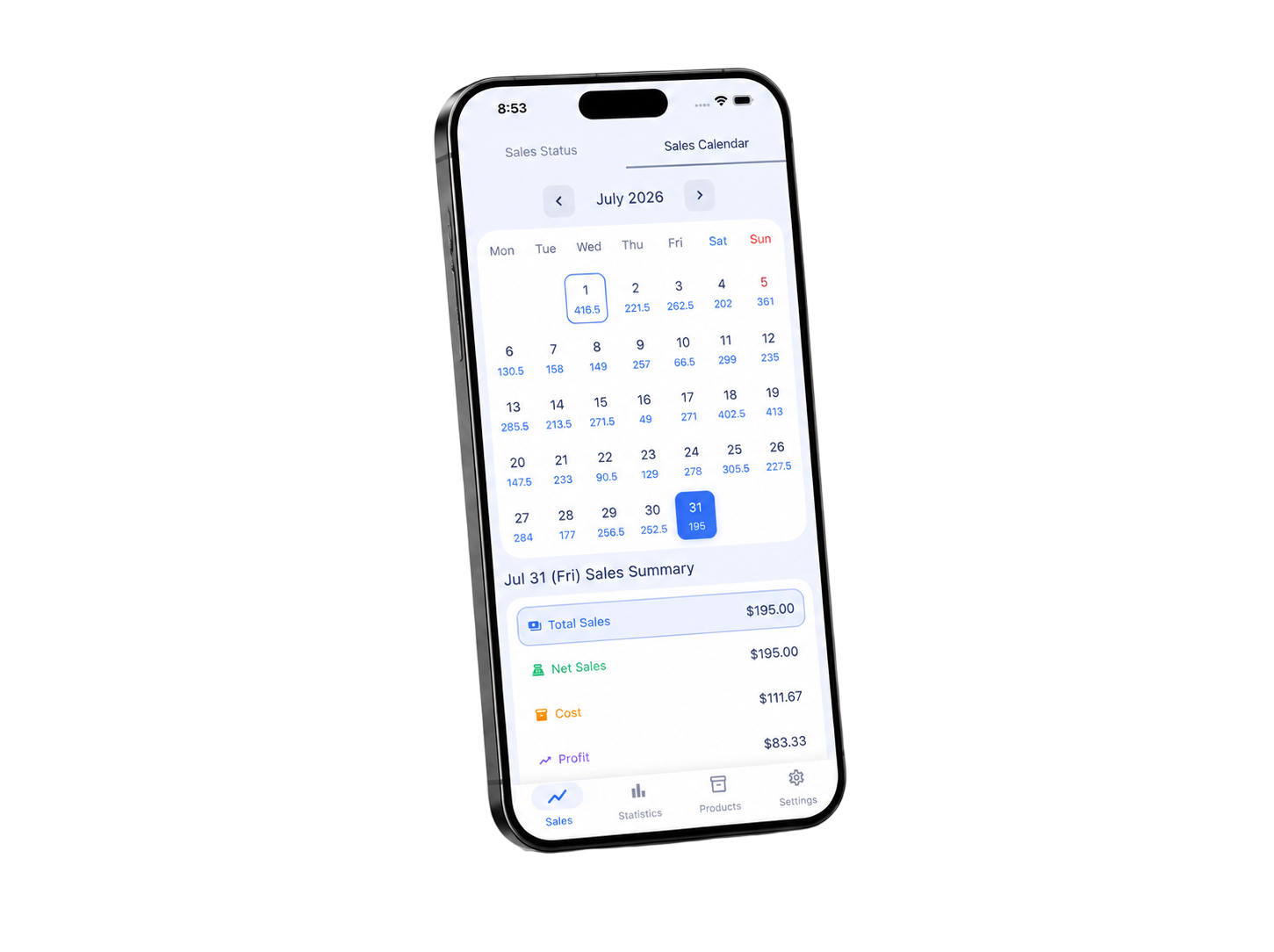 Dashboard sales calendar with each day's revenue laid onto the month