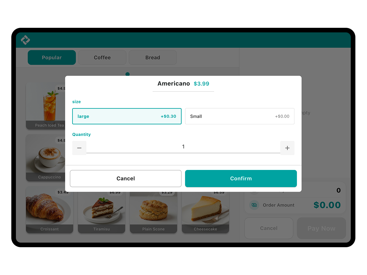 Kiosk touch ordering screen with items being added to the cart