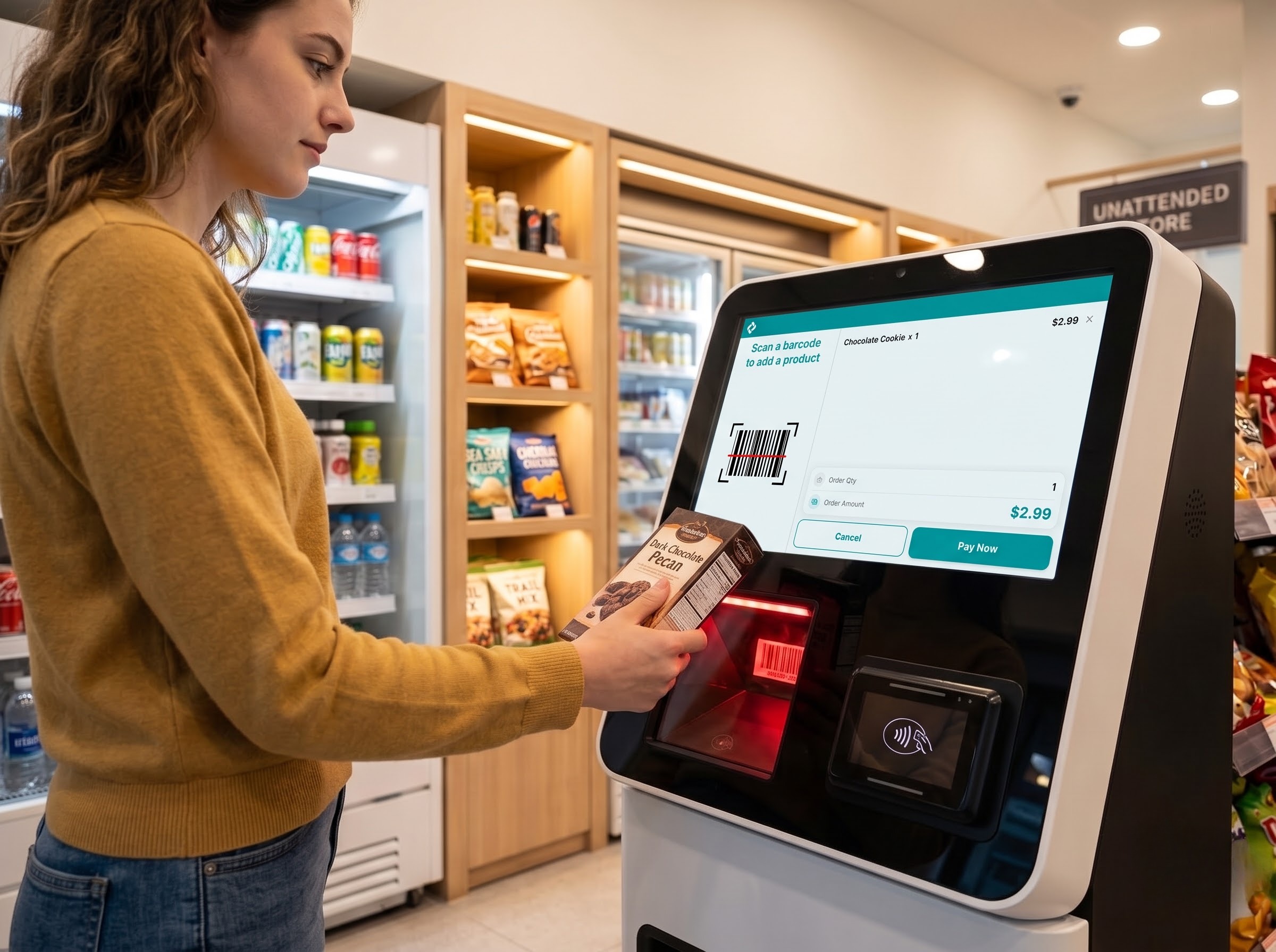 Kiosk barcode mode screen with a customer scanning an item