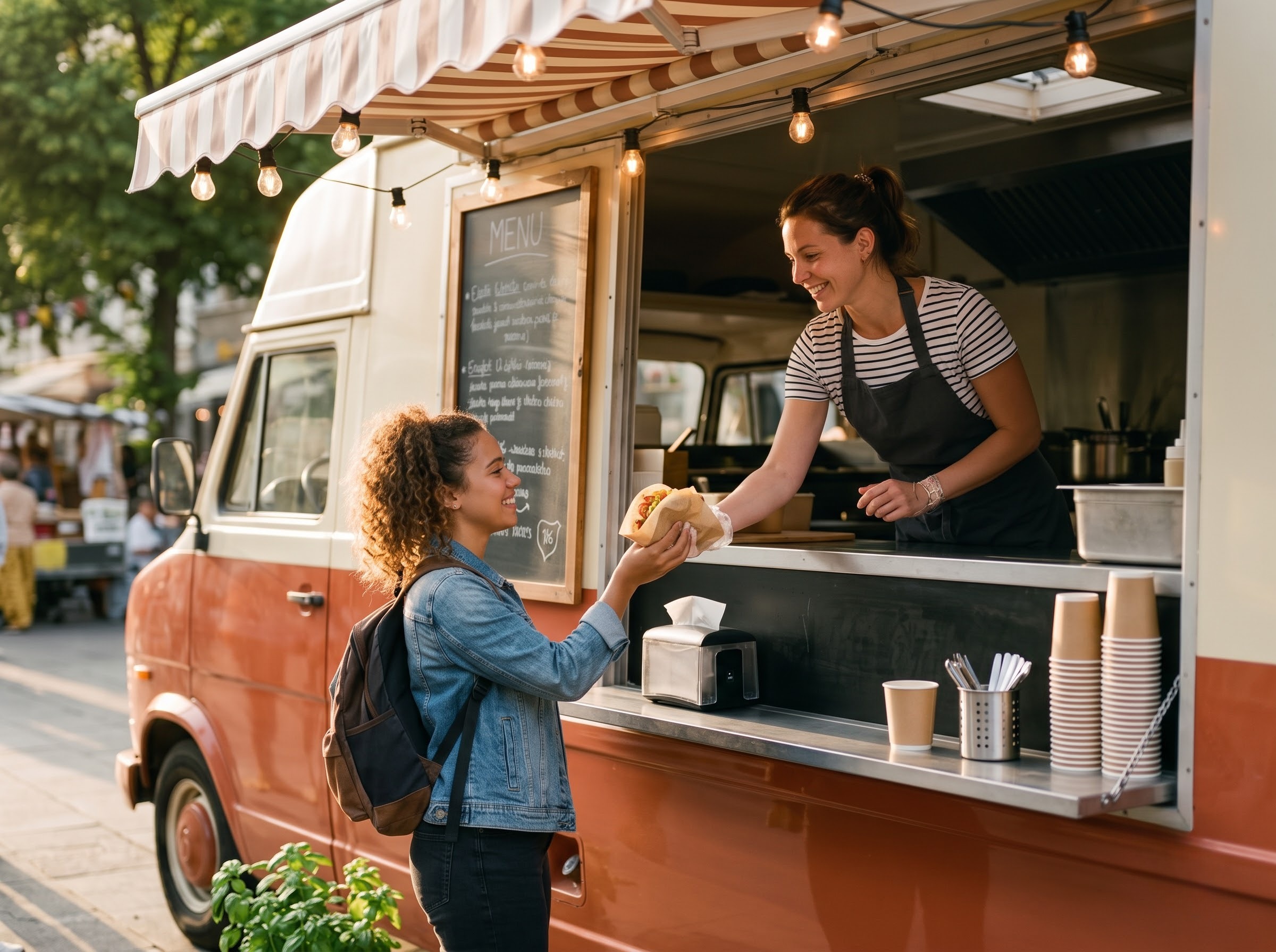 ModaPOS mobile POS screen selling at a food truck and an outdoor event